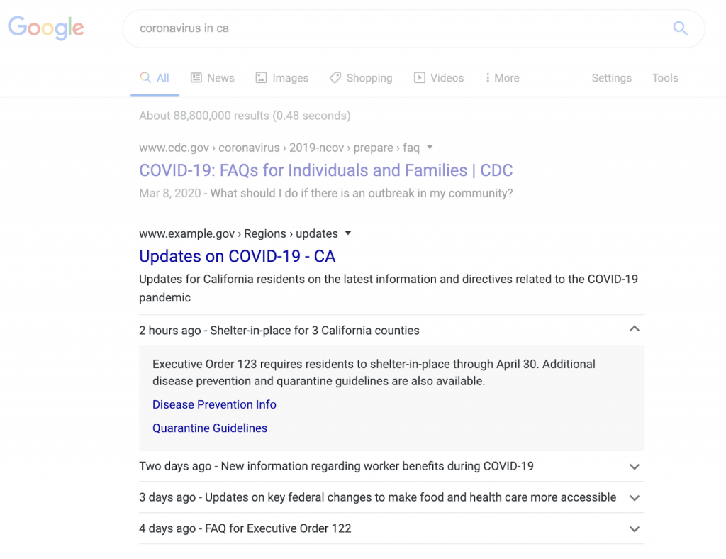 Google показал, как разметка для сообщений на тему COVID-19 будет выглядеть в поиске