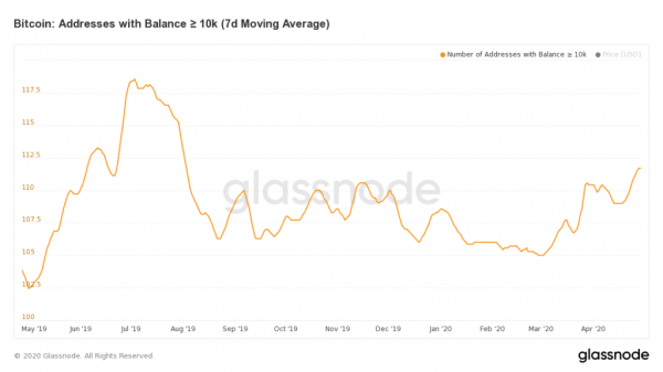 Число кошельков, держащих более 10 000 BTC,  достигло максимума с августа 2019 года cryptowiki.ru