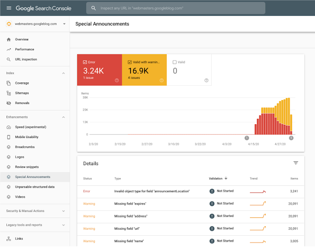 В Search Console появились отчёты для SpecialAnnouncements